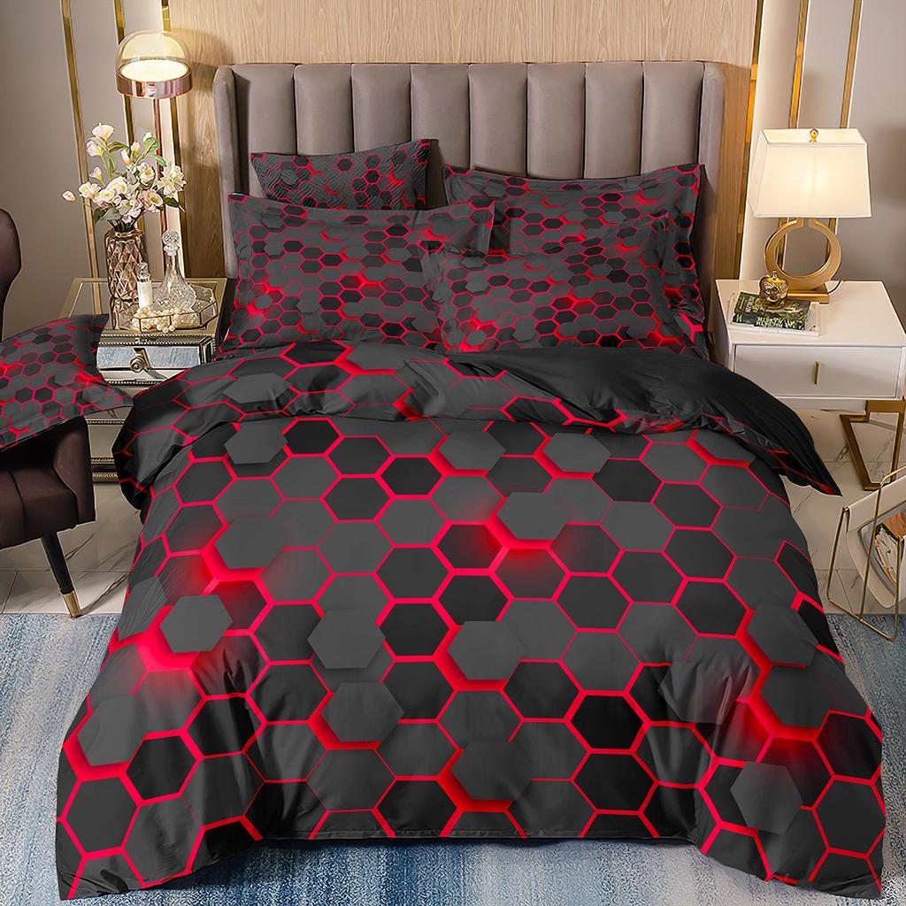 Abstraktes 3D-Druck-Bettwäscheset mit geometrischem Karomuster, vierteilig, dreiteilig