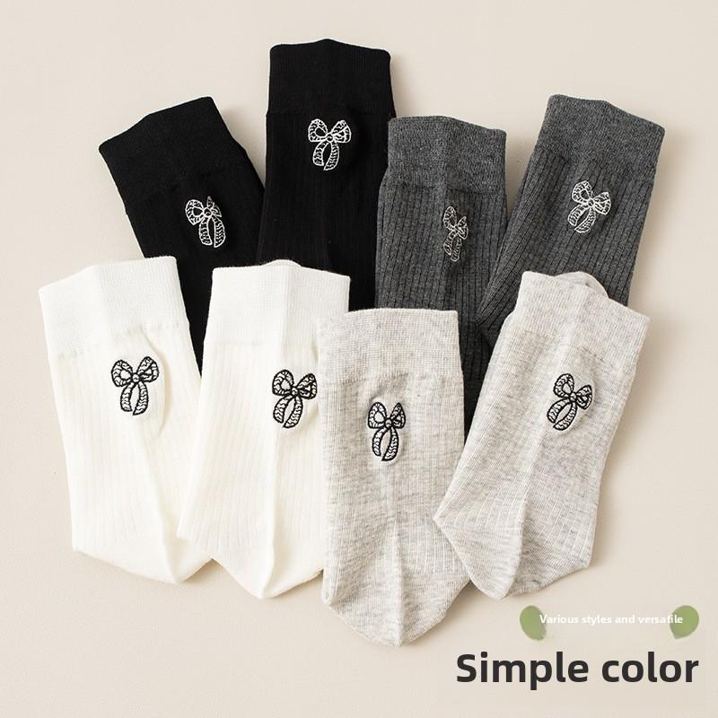 5 Pairs Socks Autumn Women's Cotton Mid Calf Ballet Style Cream Heel Embroidery Bow Anti Pilling Grey Stacked Socks
