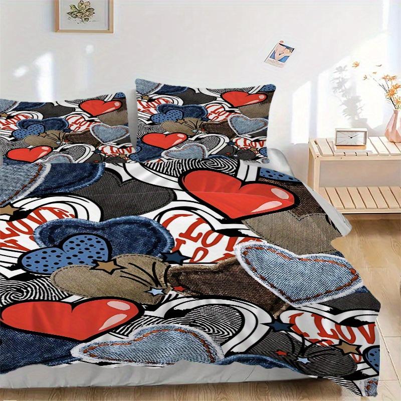 

3pcs Denim Heart Patches Bedding Set, Suitable for Bedroom Decoration, (Includes 1 Duvet Cover And 2 Pillowcases, Quilt Not Included) yy250822127 135x200cm