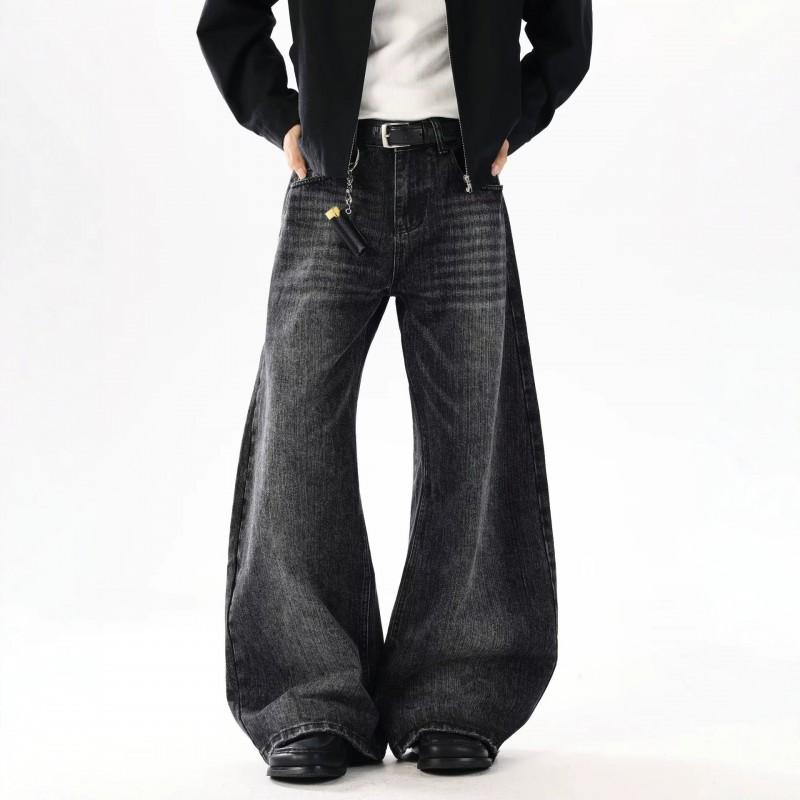 Mens Womens Washed Distressed Slub Denim Straight Leg Jeans Casual Loose Fit Wide Pants