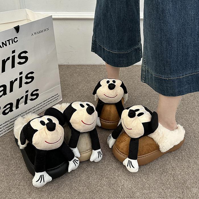 Fashion cartoon three-dimensional Mickey fluffy slippers women's 2025 autumn and winter new outer wear warm half-towed cotton slippers