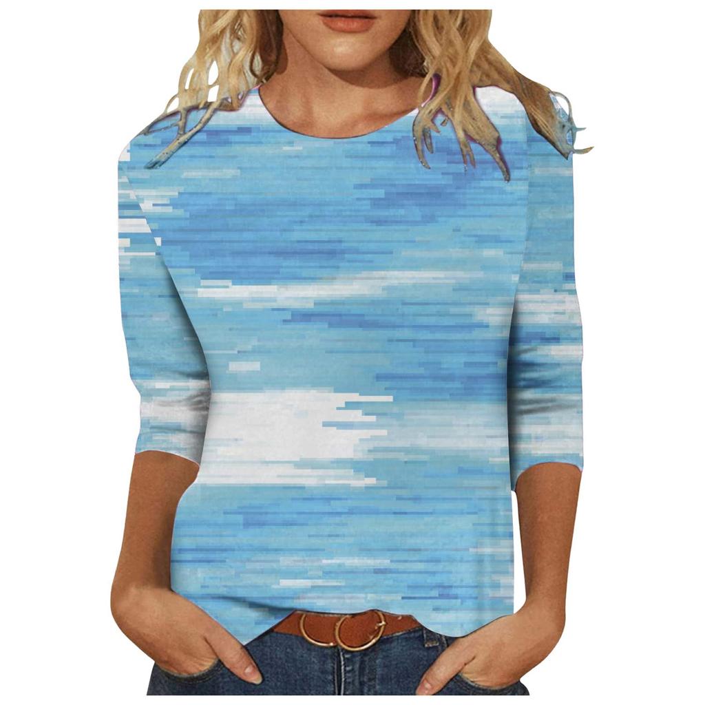 Women's Fashion Casual Temperament Irregular Color Patchwork Printed Seven-quarter Sleeve Blouse
