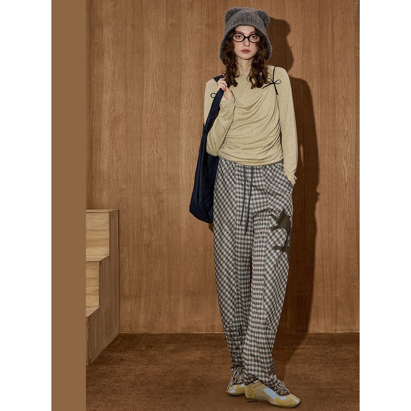 Coolhut British Style Design High-Waisted Spring and Autumn New Plaid Color-Blocking Retro Slimming Wide-Leg Pants Women's Casual Pants