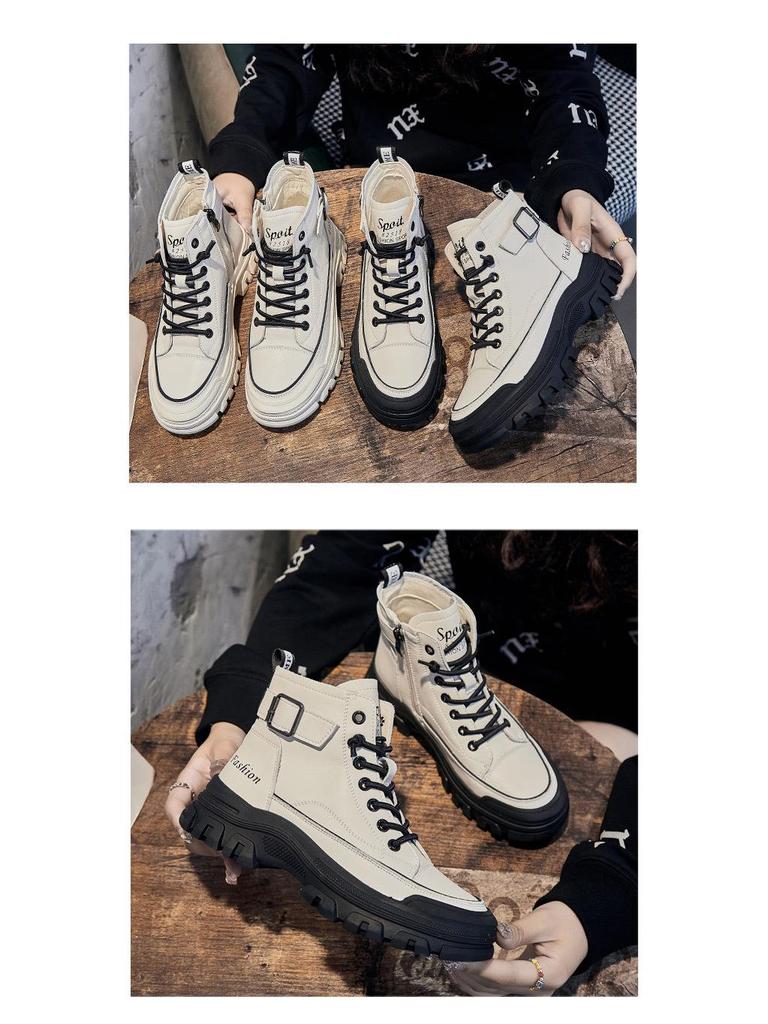 Women's White High-Top Casual Sneakers - 2024 Korean Style, Thick-Soled Martin Short Boots for Autumn/Winter