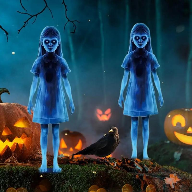 2pcs Halloween Scary Ghost Girl Garden Stake Twin Female Ghost Courtyard Insertion Outdoor Decor Lawn Patio Haunted Metal