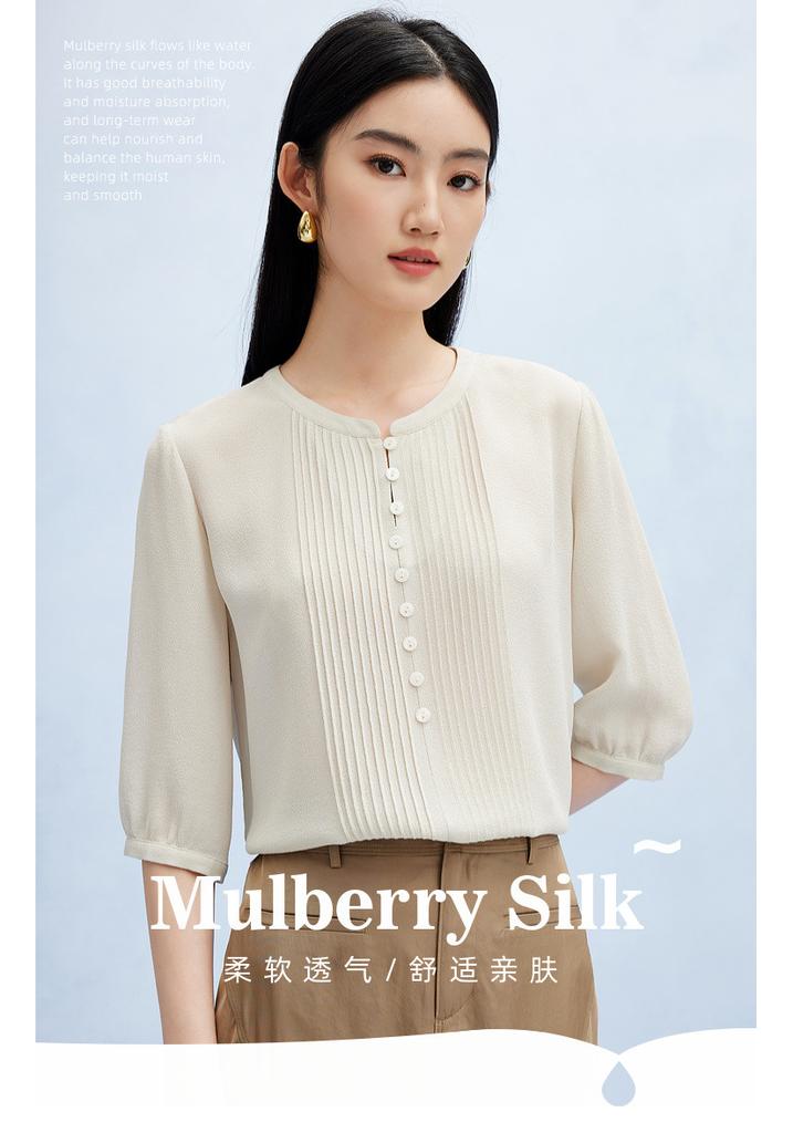 Selected Silk Ghost Crepe Summer Round Neck Organ Fold Design Solid Color Heavy Weight Mulberry Silk T-shirt for Women