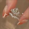 2PCS Fairy Sparkling Crown Rings for Women Teen Crystal Korean Adjustable Silvery Anniversary Gift Party Queen Ring Set Jewelry