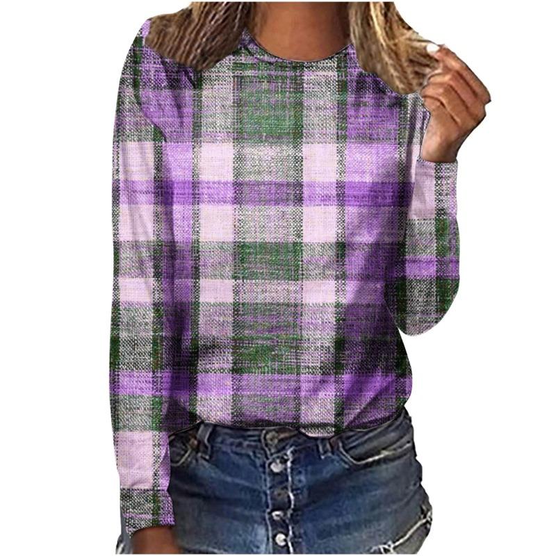 Plaid Striped Retro Women T-Shirts Spring Autumn Long Sleeve Comfort Street 3D Print Female Tee 3XL Plus Size Casual Tops