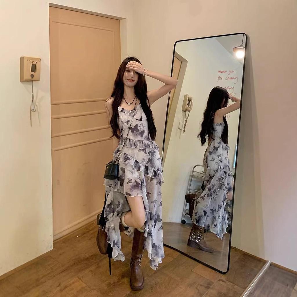 Retro French Floral Maxi Dress – Slim Waist & Irregular Hem for Women