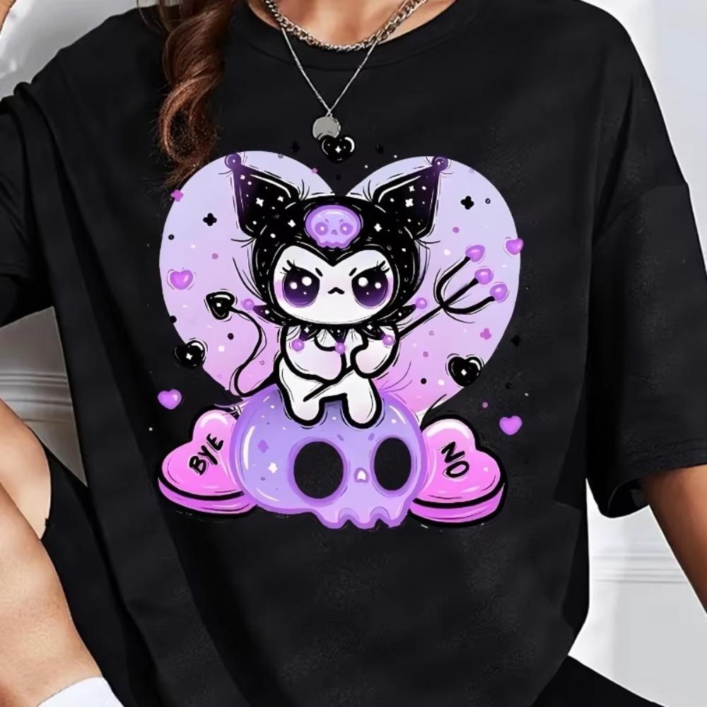 

Cute Kuromi Dark Printed Short Sleeved Womens Tshirt Summer Plus Size Fashionable Loose Casual Cotton Top Soft Cotton S