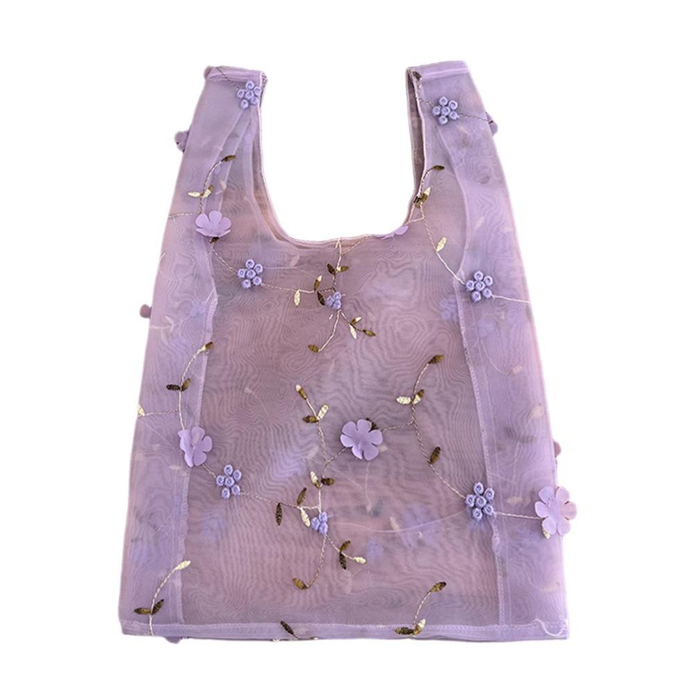 

Double Organza Flower Embroidery Hand Bag Clear Jelly Yarn Cloth Mesh Shopping Bag Light Material Embroidery Flowers Handbag светло-фиолетовый