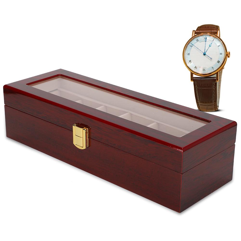 Wooden 6 Grid Watch Display Box Transparent Window Watch Storage Box (Red)