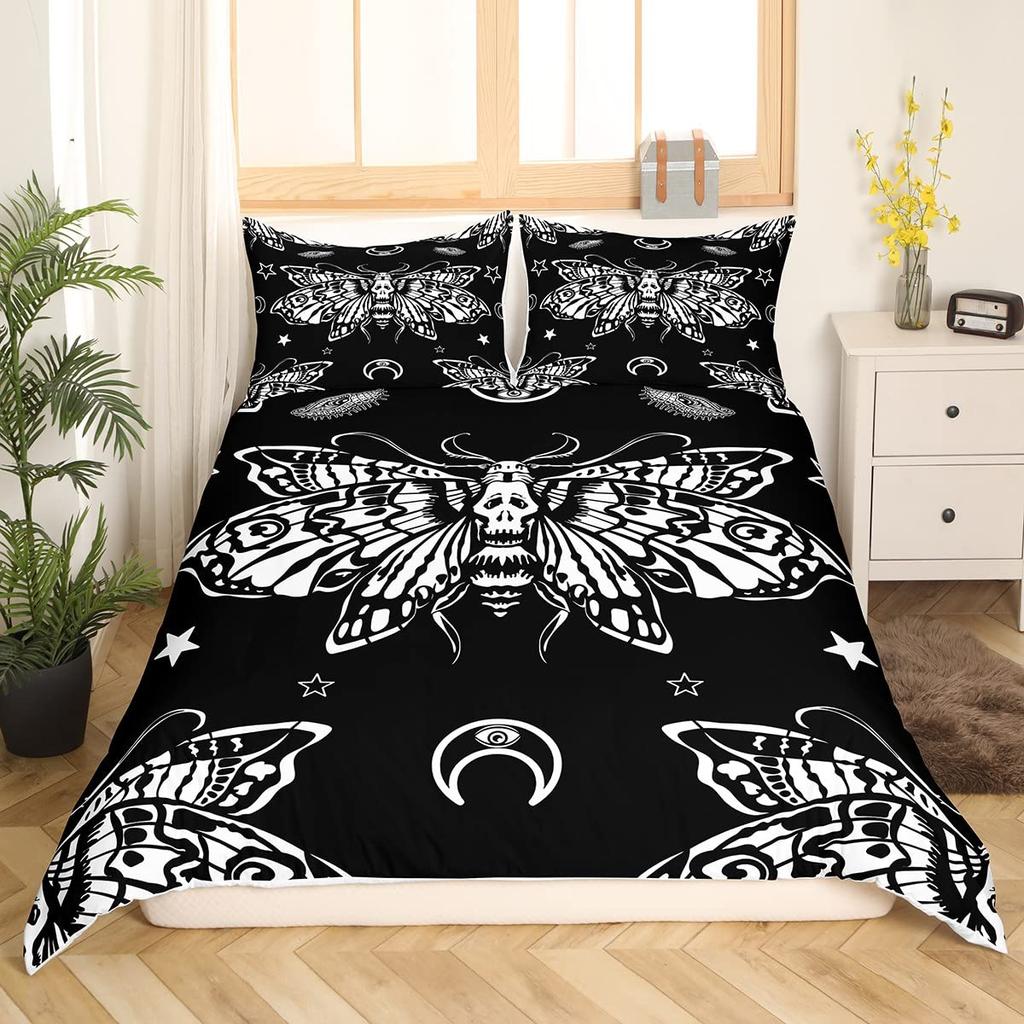 Black Death Moth Duvet Cover Set Gothic Skull Bedding Set Butterfly Bedclothes Moon Stars Polyester Quilt Cover for Kids Teens