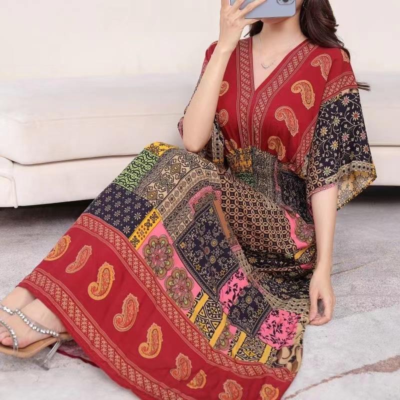 Ethnic Style V-neck Cotton and Silk Short-sleeved Beach Dress Thailand Travel Dress Summer Print Vacation Floral Skirt