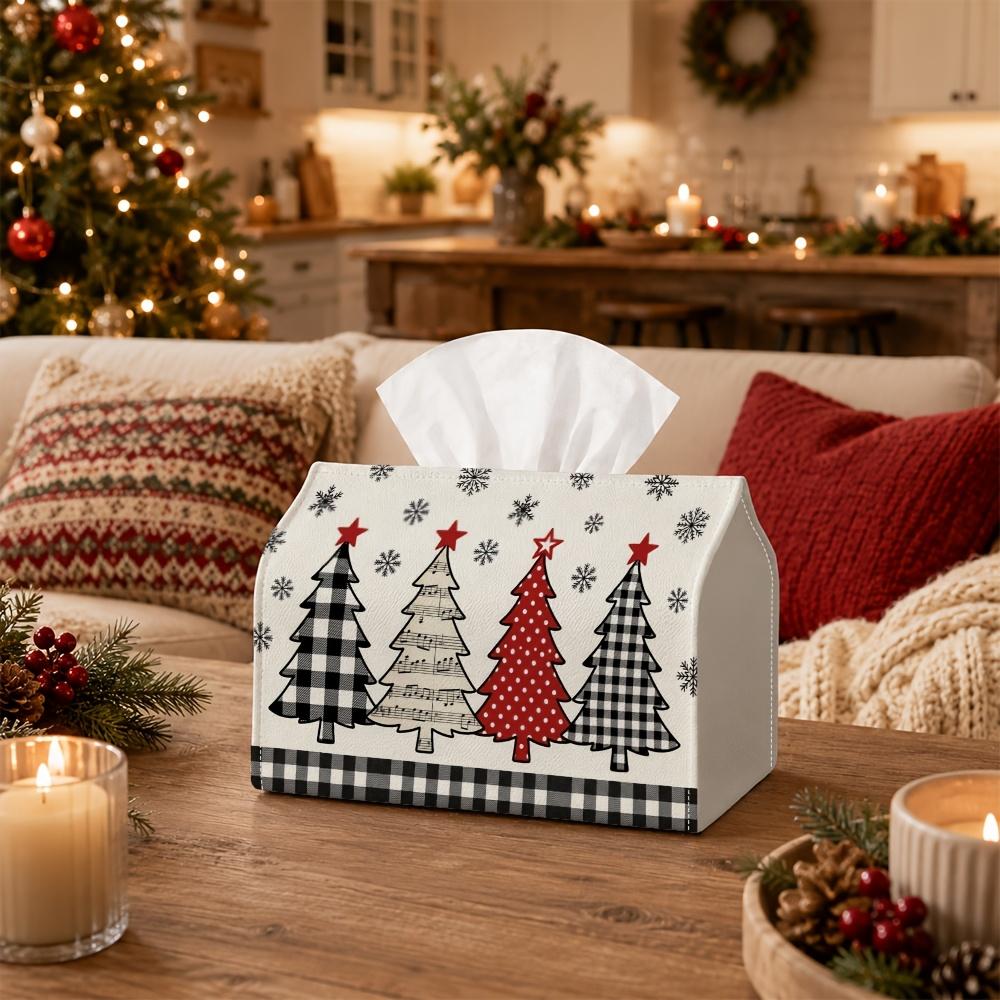 1pc Christmas Farmhouse Minimalist Tissue Box with Pine Tree Star Snowflake Element- Napkin Storage Organizer for Kitchen,Car,Elegant Decorative Box,P
