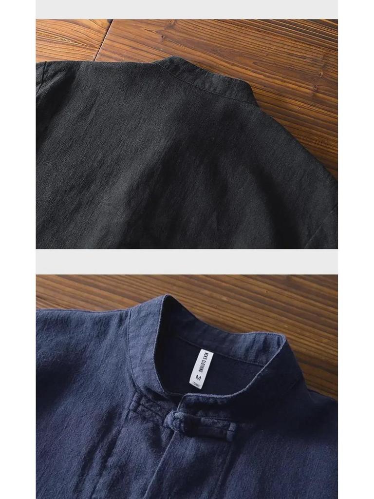 Men's Long-Sleeve Chinese Retro Ramie Shirt - Tang-Style Cotton Linen Jacket for Spring/Summer
