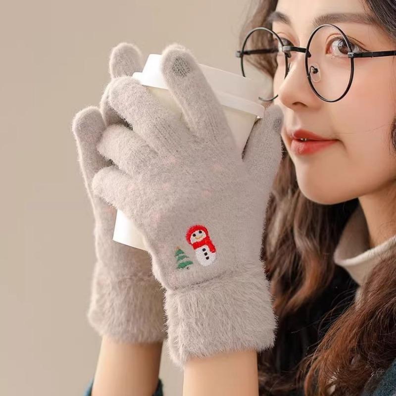Touch screen gloves women's autumn and winter cute knitted cartoon plush thickened wool finger gloves winter riding warm