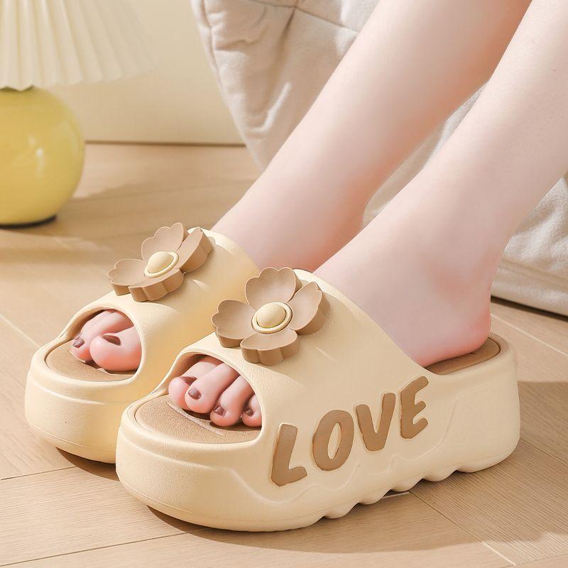 Fashion New pink flower high heel slipper women's outdoor slides sweet backless beach shoes woman flat platform mules elevator slippers