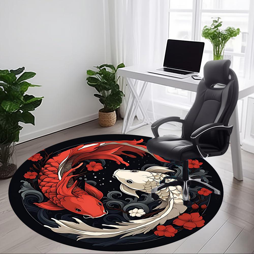 1 Stück Koi-Fisch Yin Yang Büro Runder Teppich, Indoor-Matte Geeignet für Büro, Unter Bürostühlen Schlafzimmer Wohnzimmer Heimdekoration, Raumdeko