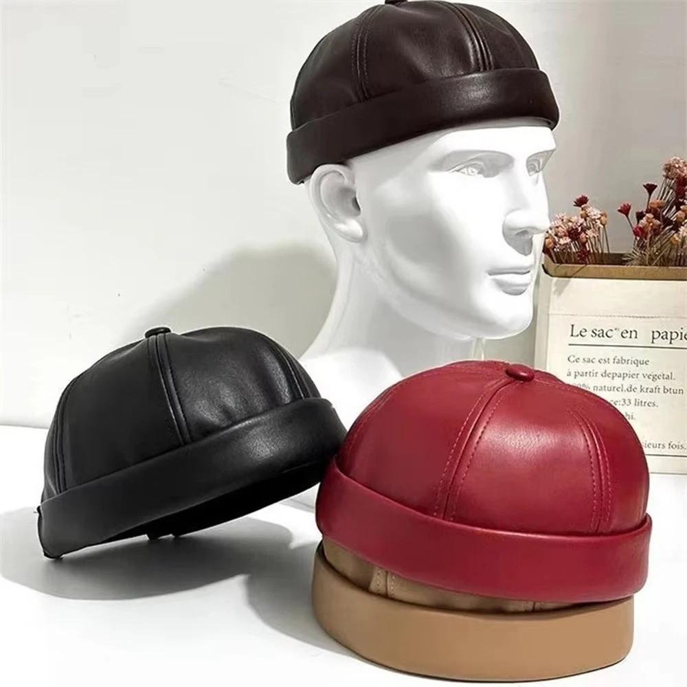 Leather Brimless Round Landlord Hat Solid Color Trendy Cap New Melon Skin Hat Unisex