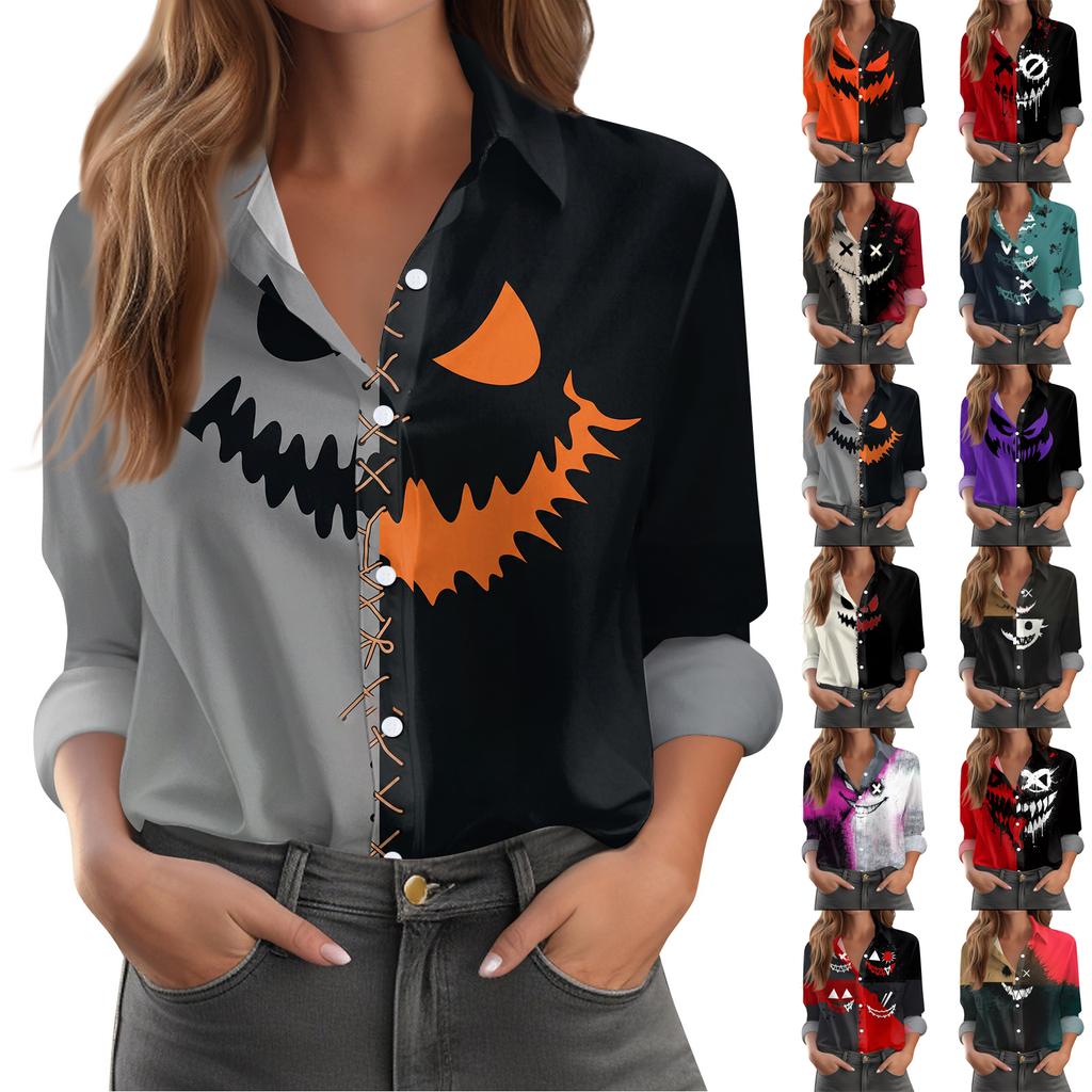 Women's Halloween Printed Long Sleeve Casual Button Down Shirt