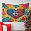 A Vibrant Heart with a Peace Symbol, Surrounded by Colorful Rays and Hearts. Patterned Tapestry for Bedroom and Living Room Home Decor