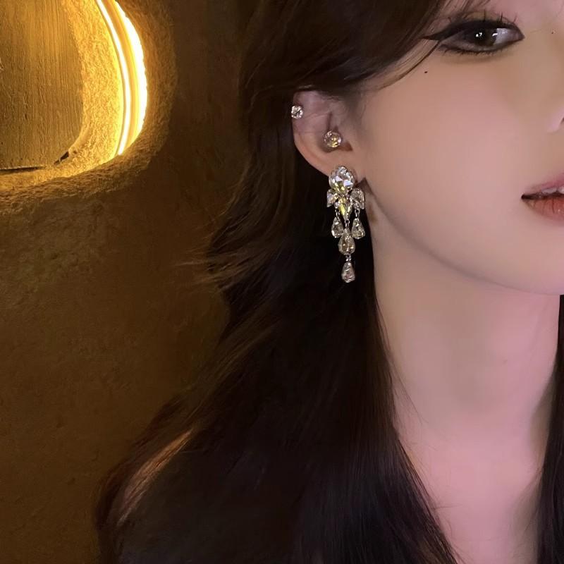 European and American new exaggerated fringed earrings women's s911 silver needle trendy fashion water drop banquet flash diamond stud earrings