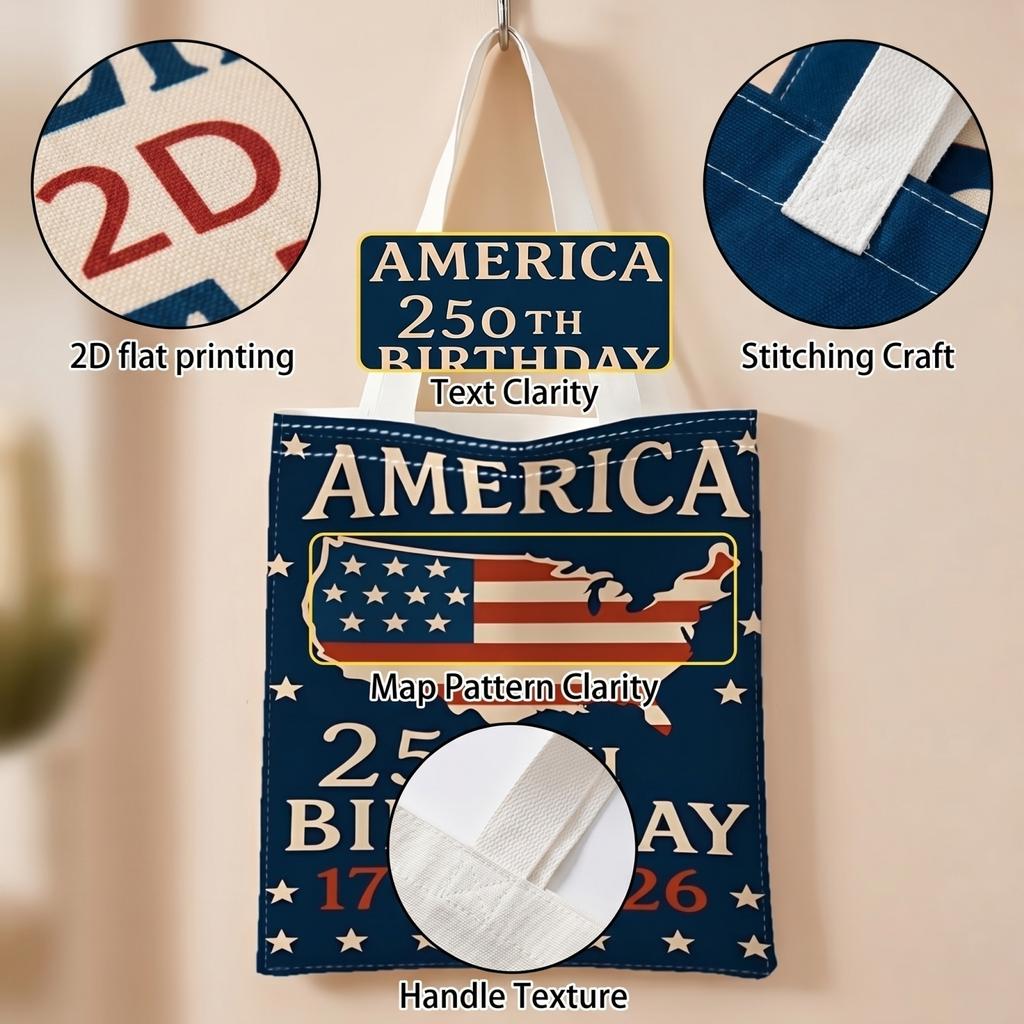 Reusable Tote Bag with America 250th Birthday 1776-2026 Print Large Capacity Canvas Shopping Shoulder Bag for Daily Use