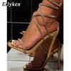 Fashion Eilyken Transparent Crystal Rhinestone Women Sandals Ankle Lace-up Square Toe Wedding Party High Heels Female Shoes