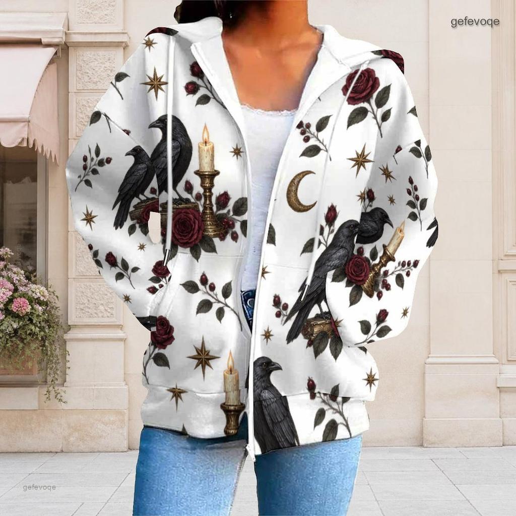 Women Plus Size Zip Up Long Sleeve Hoodie Black Cat Pumpkin Leaf Printed White Sweatshirt With Pockets