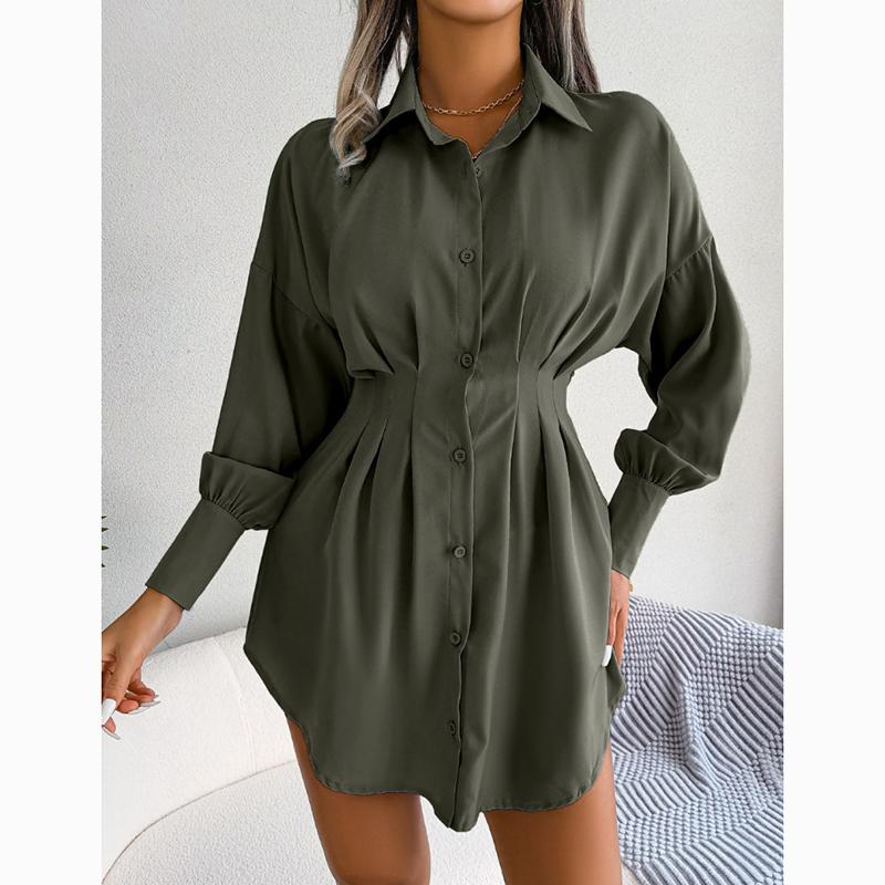 Vestido corto asimétrico liso con manga acampanada informal para mujer, vestido ajustado con cintura para mujer, vestidos de una sola botonadura, ropa femenina 24117