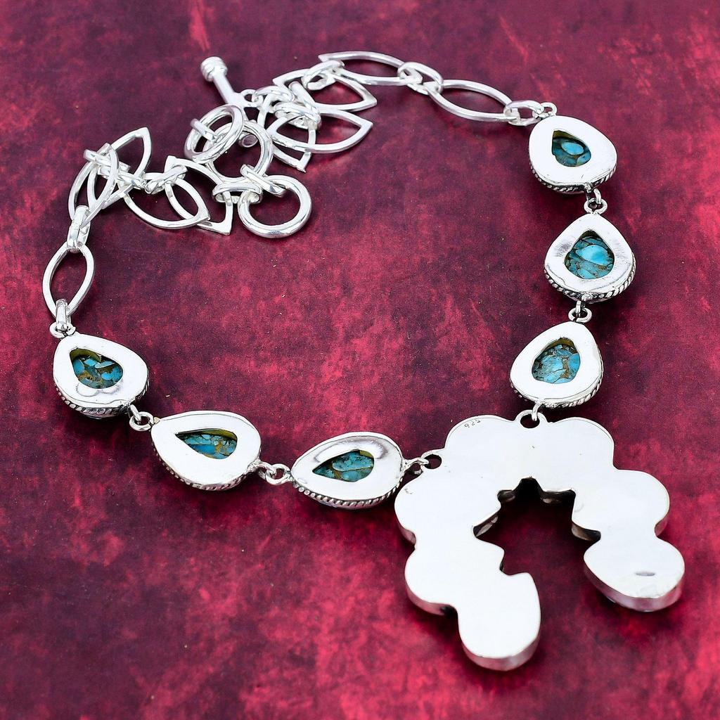 Miedziany Niebieski Turkus Naszyjnik z Litego Srebra Próby 925 z Regulowanym Łańcuszkiem, Ręcznie Robiony Naszyjnik z Kamieniami Szlachetnymi na Dzień Pamięci