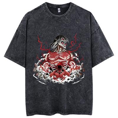Anime Attack On Titan Tişört Hip Hop Oversized Sokak Giyim Vintage Baskılı Yıkanmış Kısa Kollu Tişört Üstler
