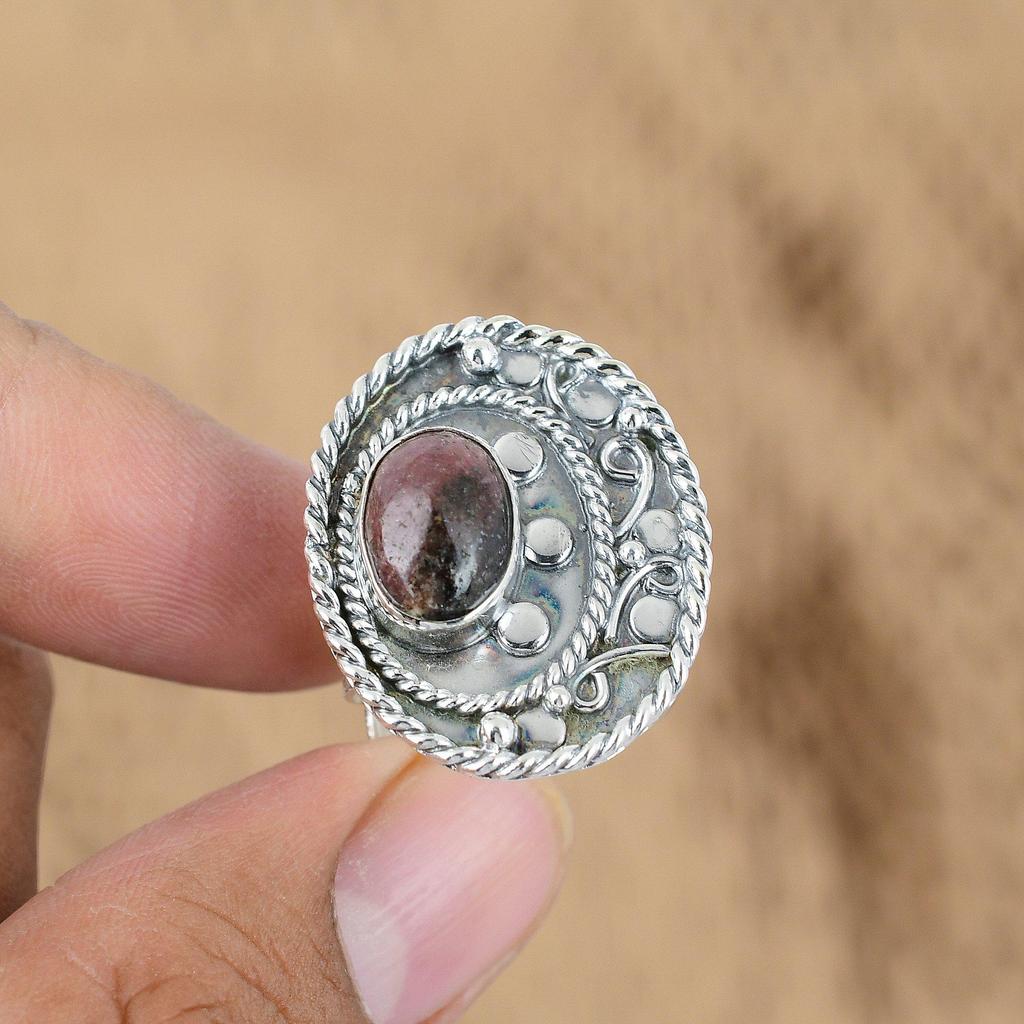 Rhodonite Gemstone 925 Silver Trendy Promise Heart Chakra Artisan Ring Jewelry