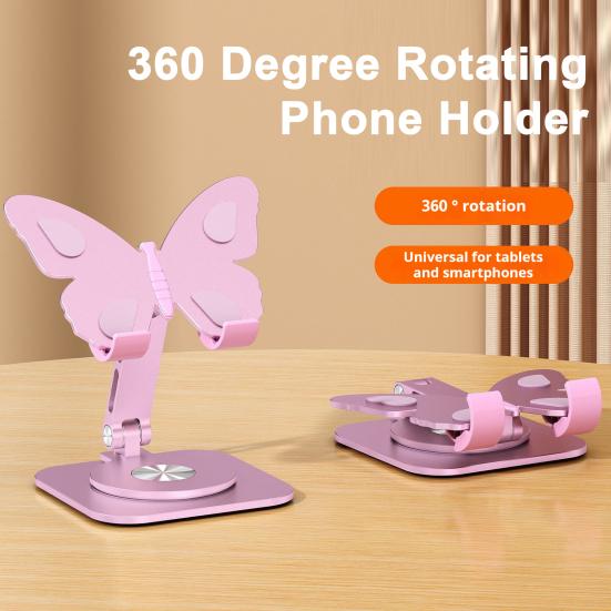 Mobile Phone Holder 360 Degrees Rotating Aluminum Alloy Desktop Stand Multi-Angle Adjustable Butterfly Design Foldable Dock for Home Office Travel