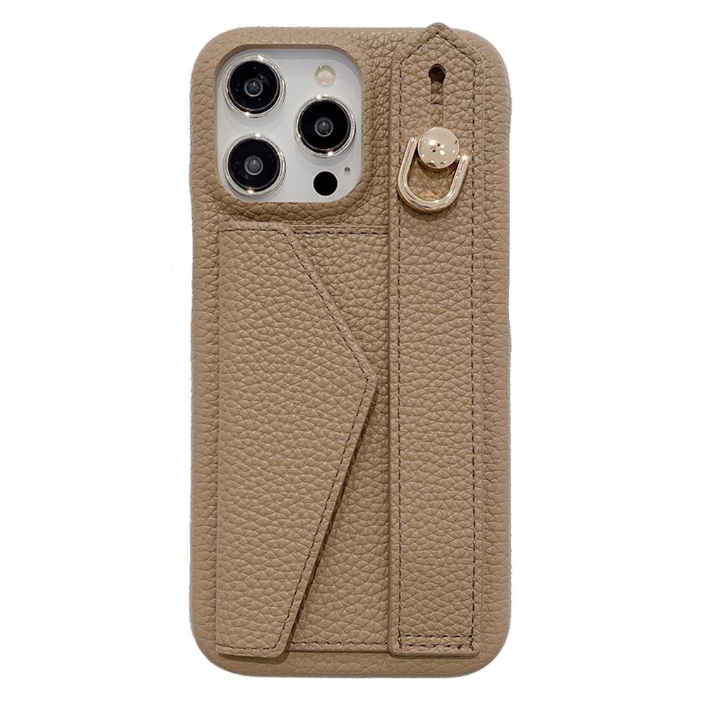 

For iPhone 14 Pro Case with Card Slot Wristband Kickstand PU Leather+PET Phone Cover Light Brown