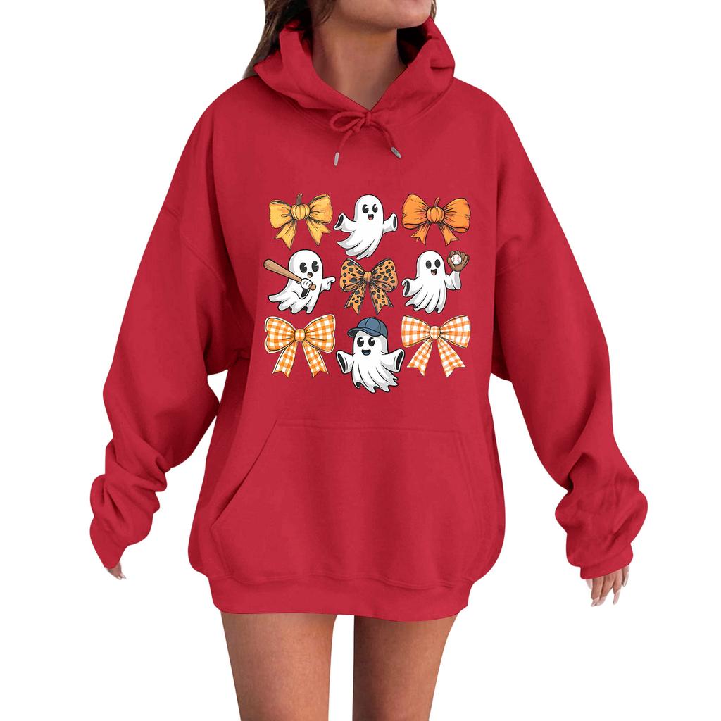 Women's Casual Fashion Comfortable Round Neck With Hood Long Sleeve Halloween Print Warm Sweatshirt