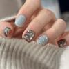 24Pcs Blue Striped Brown Glitter Star Short Square False Nails Sweet Cool Press On Nails For Women Girls