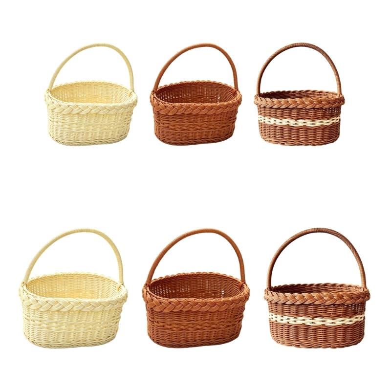Faux Wicker Basket with Handle, Plastic Fruit Display Basket for Countertop Display, Home Storage, and Carry Use