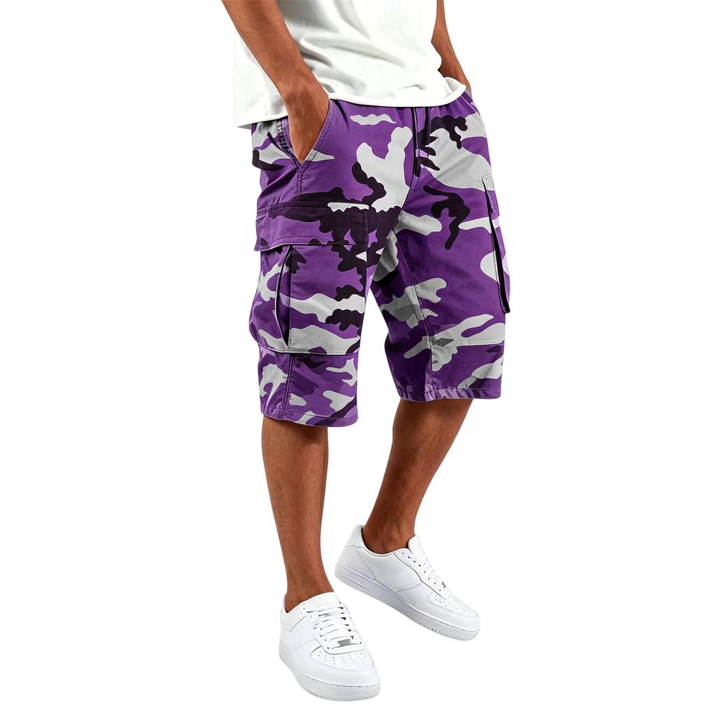 Herren Cargo-Shorts Mehrere Taschen Kordelzug Taille Lockerer Schnitt Knielang Camouflage-Muster Lässige Hose