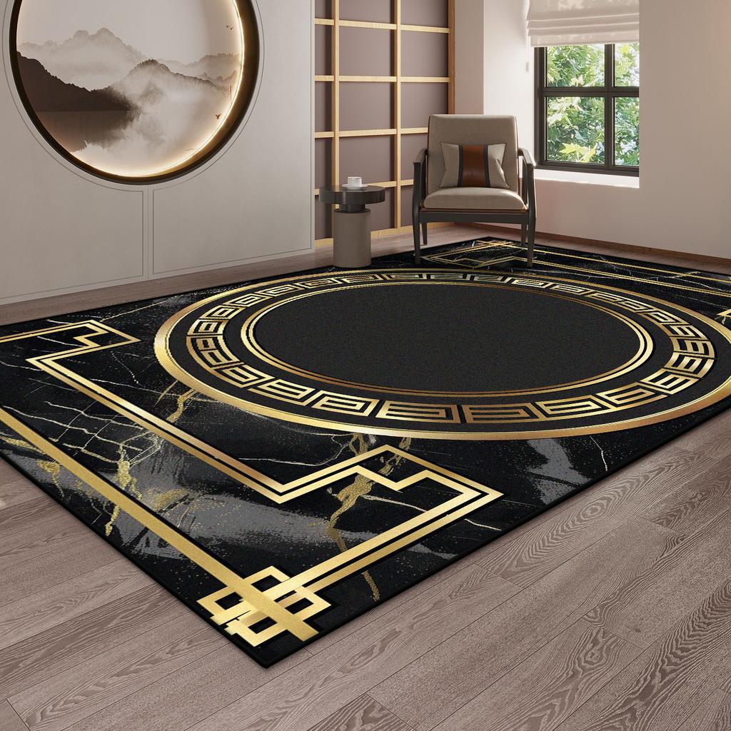 Luxury Black Gaming Room Decoration Carpet Marble Style Golden Border Living Room Rug Soft Non-slip Mat for Kids Easy Cleaning