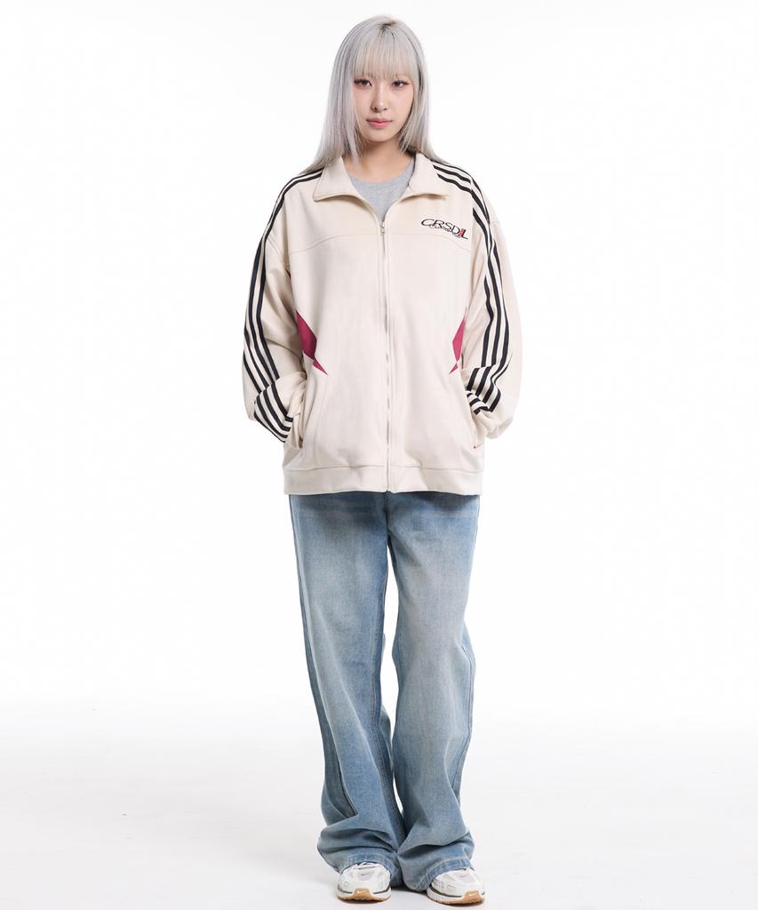 Cream Soda Lab Suede 4-Stripe Track Contrast Zip-Up Ivory