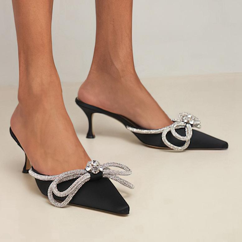 New European and American sexy half-drag bag head women's shoes summer bow pointed head thin heel high heel slippers fashionable wear versatile