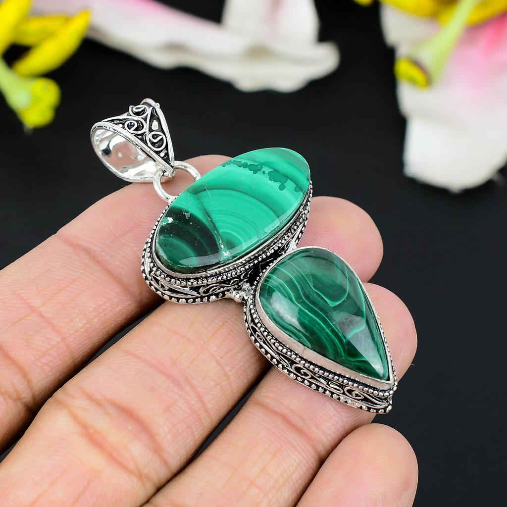 Malachite Gemstone Handmade 925 Steling Silver Jewelry Pendant 2.64" KG-331