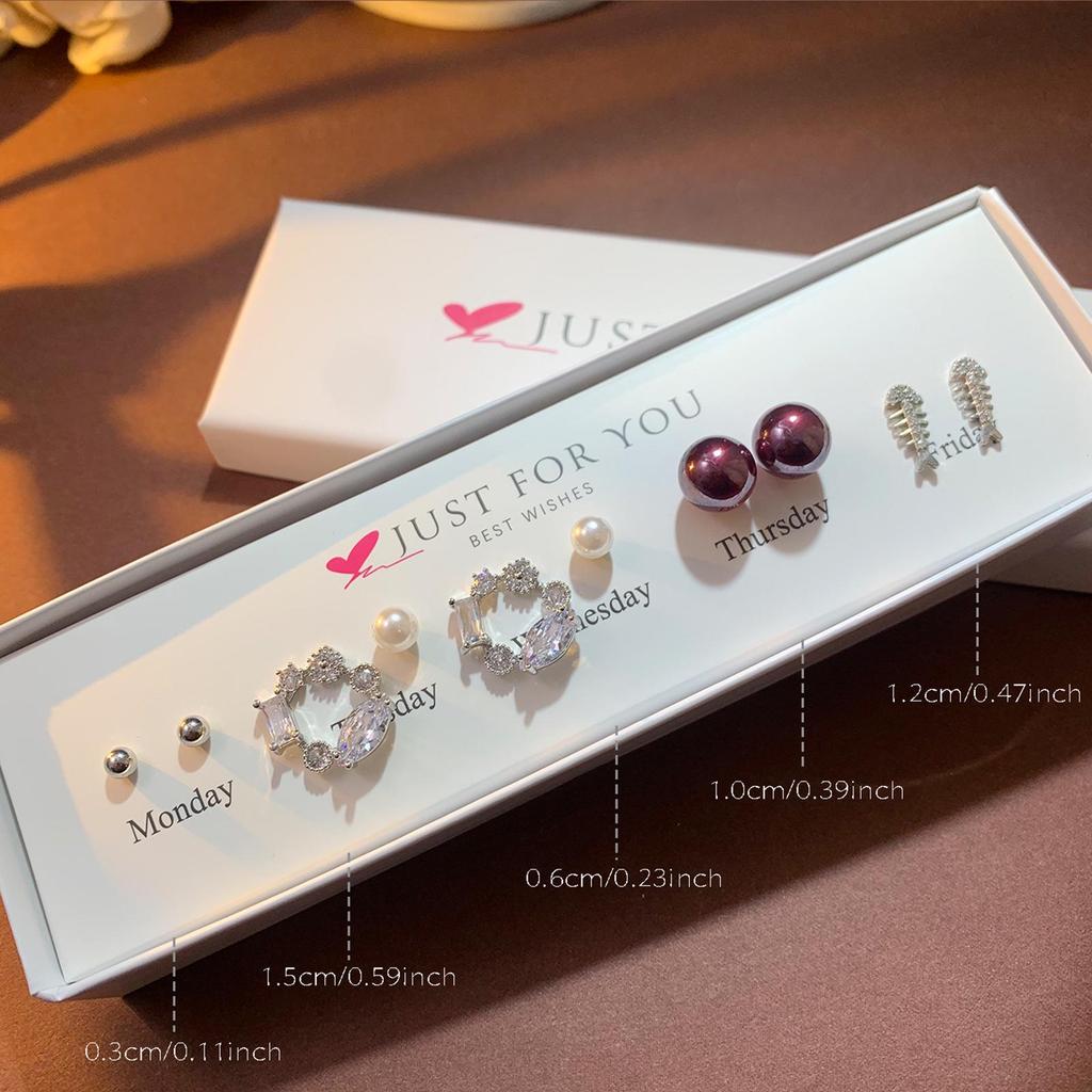 Weekly Earring Set: Flower Zircon Studs, Simple Ear Cuffs, Pearl Tassel French Earrings - 5 Pairs