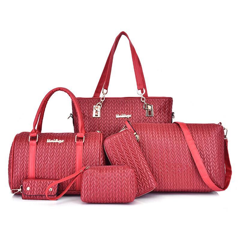 New Mother and Child Women's Bags Solid Color PU Six-piece Set Woven Large-capacity Simple Portable Shoulder Bag Crossbody Fashion