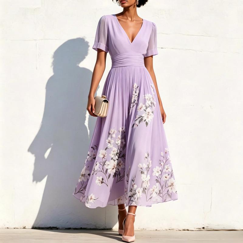 TikTok Women's Amazon Digital Printing Flower Long Sleeve V-Neck Pleated Dress Women's Long Dress