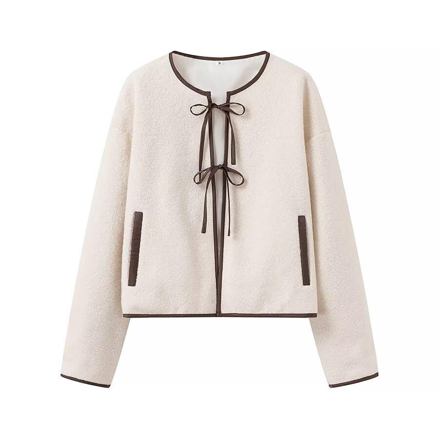 

European & American Women s Winter Bow-Detail Long Sleeve Casual Outerwear M