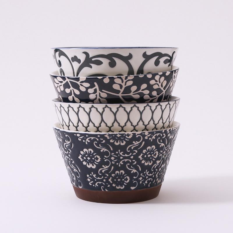 Japanese Underglaze Color Ceramic Bowl Set High Foot Rice Bowl Large Capacity Retro Tableware