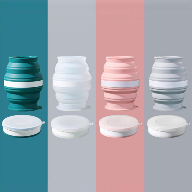 Portable Silicone Cup Foldable Travel Mug Heat Resistant Collapsible Water Cups with Lid Chain for Outdoor Activity Camping Drinking